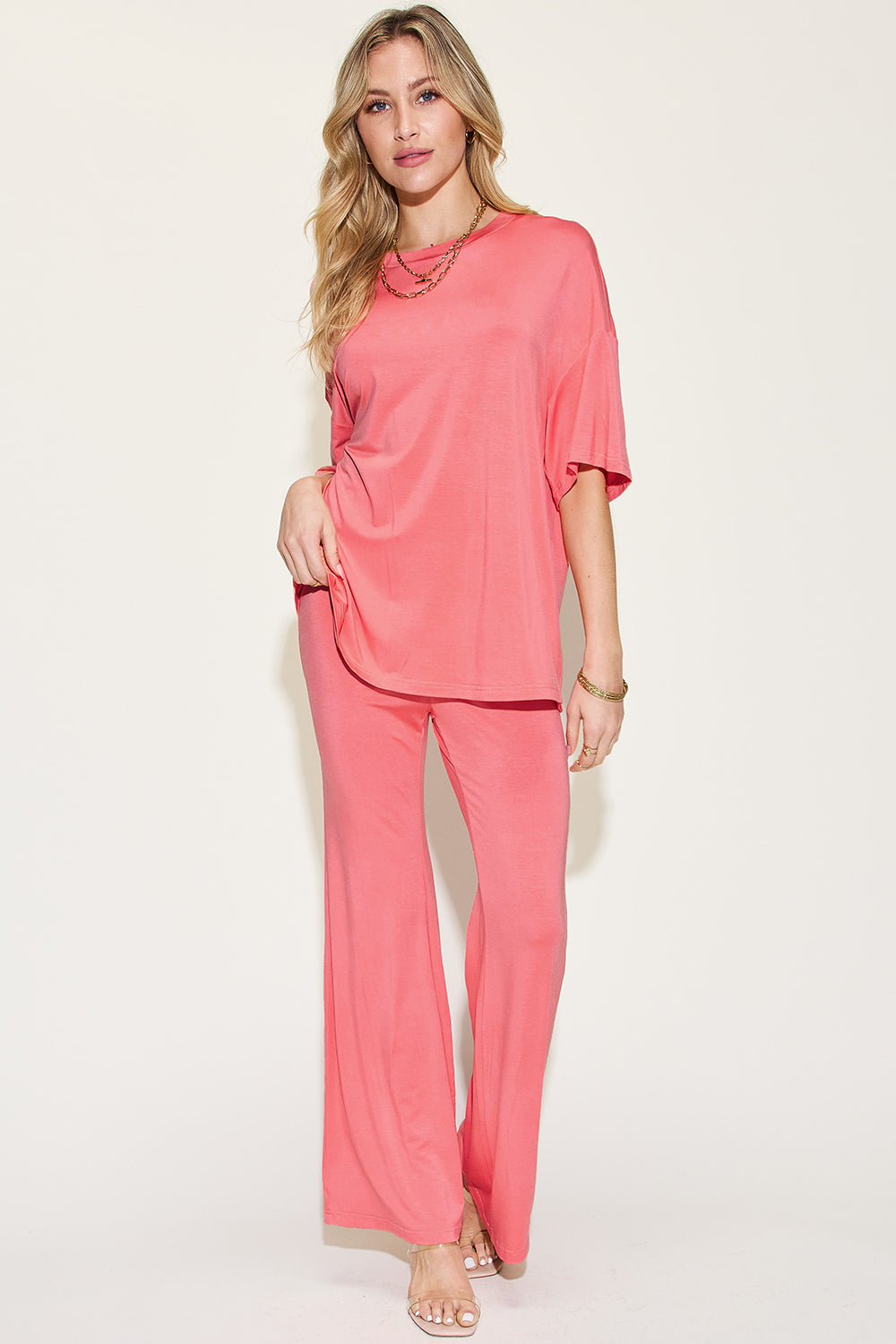 Womens Drop Shoulder T-Shirt and Flare Pants Set