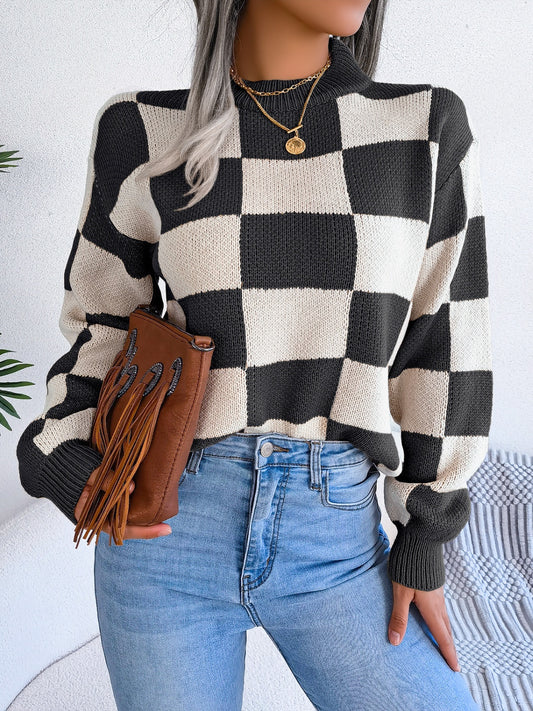 Womens Checkered Mock Neck Long Sleeve Sweater