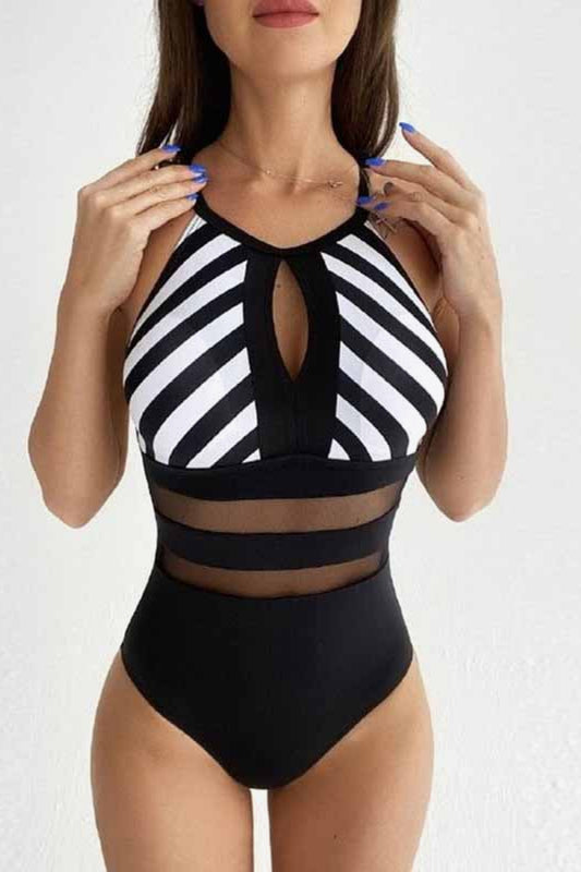 Black and White Striped Backless One-Piece Swimsuit