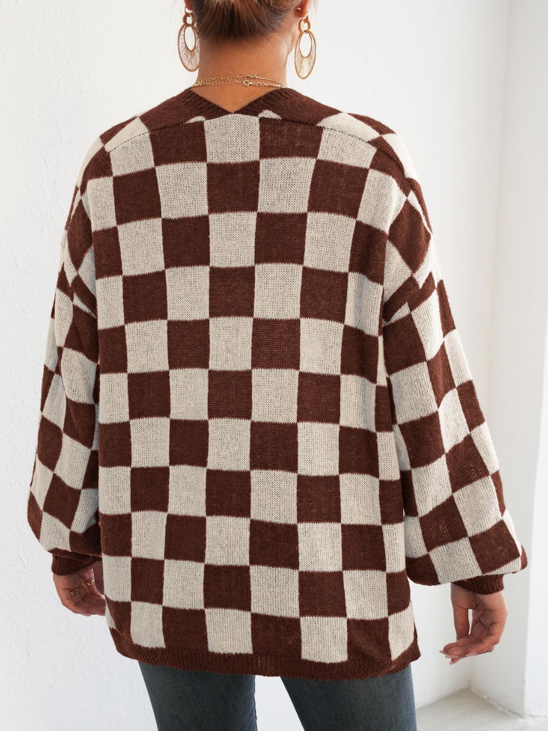 Womens Checkered Long Sleeve Cardigan