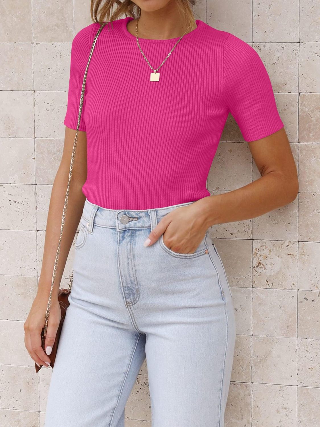 Womens Ribbed Short Sleeve Knit Top