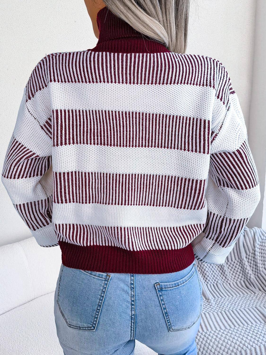 Womens Striped Turtleneck Long Sleeve Sweater