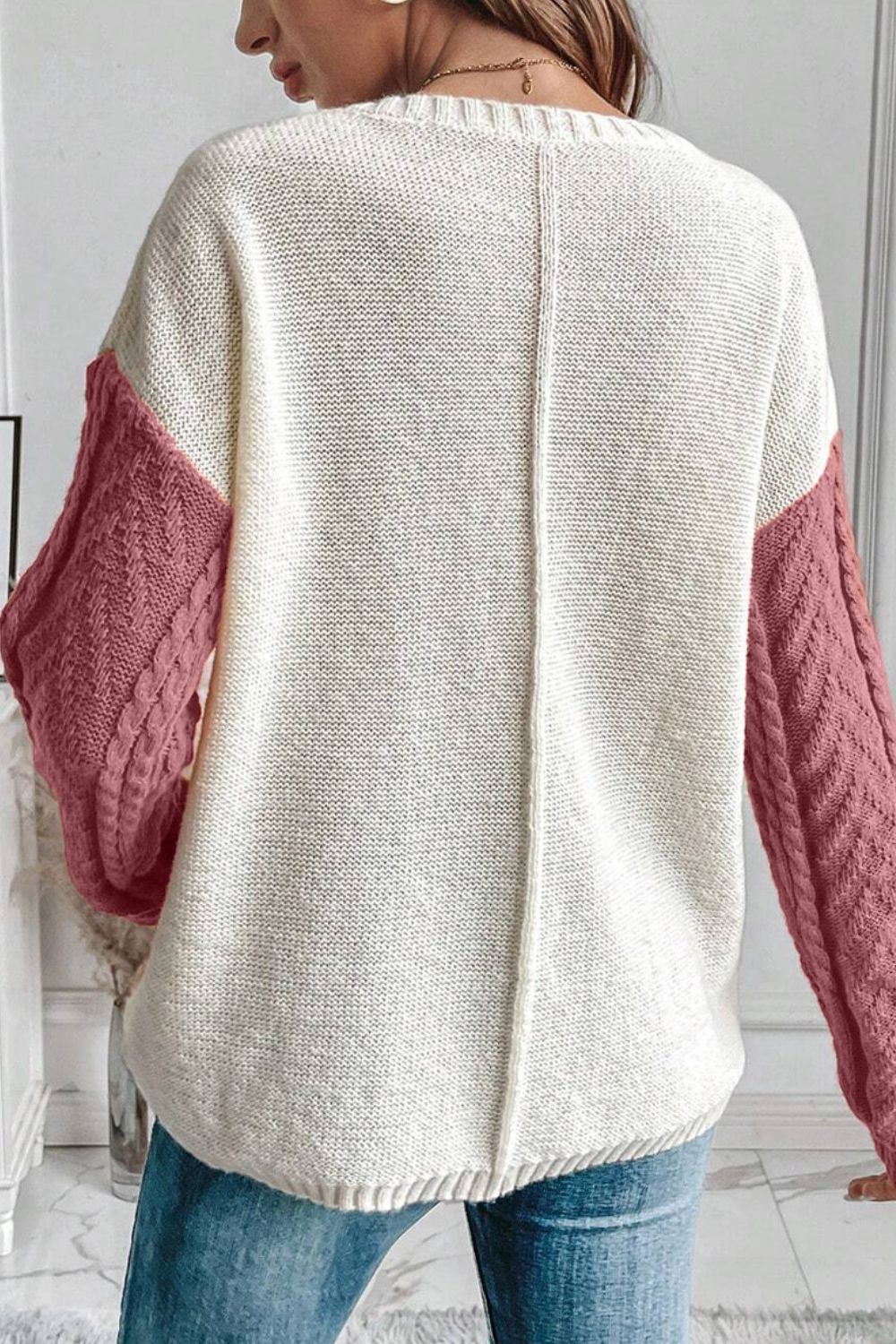 Womens Color Block Round Neck Long Sleeve Sweater