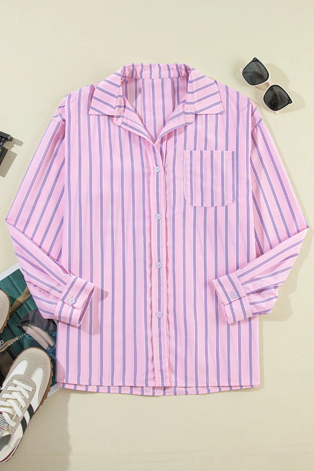 Womens Striped Collared Long Sleeve Shirt