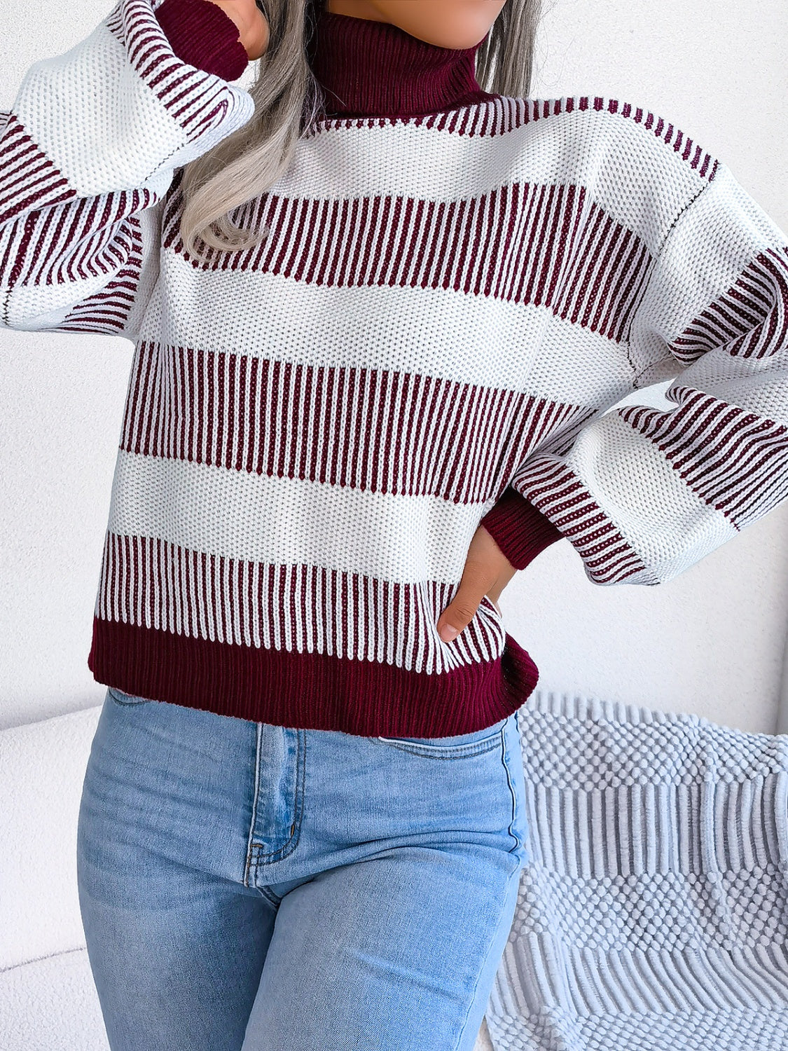 Womens Striped Turtleneck Long Sleeve Sweater