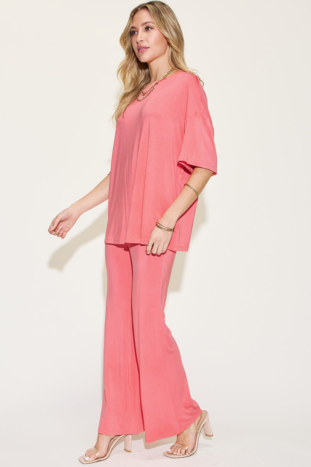 Womens Drop Shoulder T-Shirt and Flare Pants Set