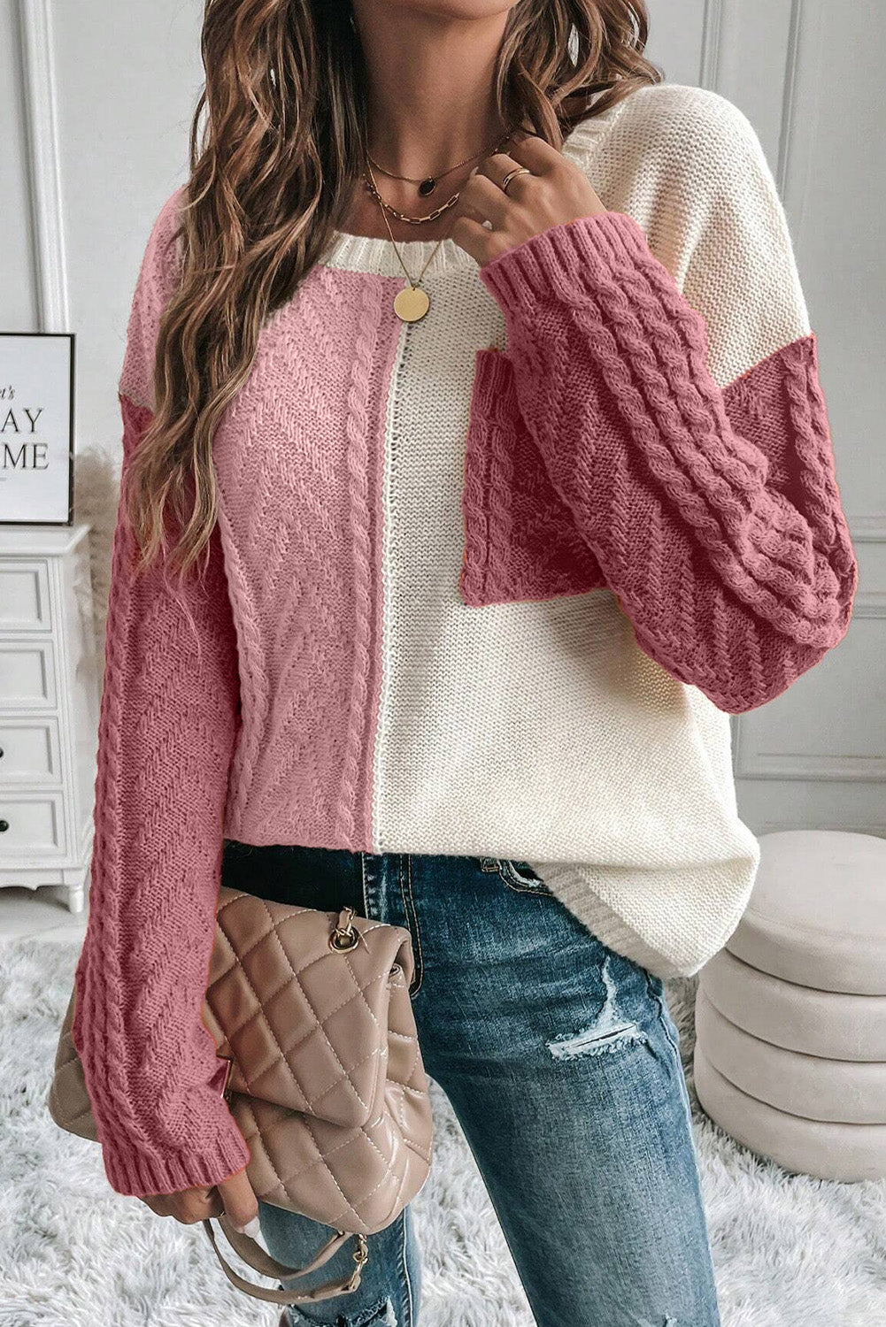 Womens Color Block Round Neck Long Sleeve Sweater