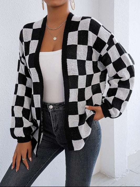 Womens Checkered Long Sleeve Cardigan