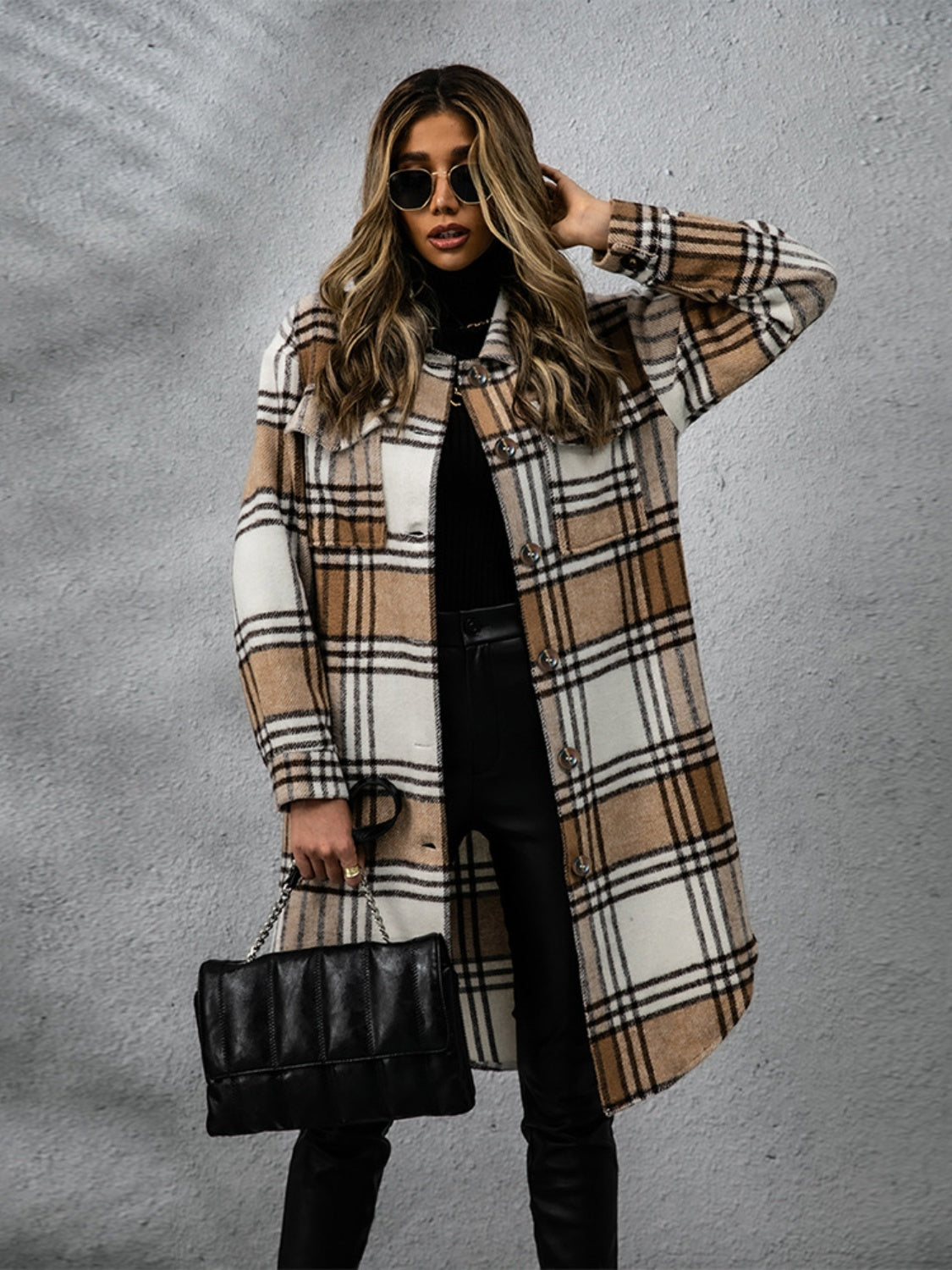 Womens Plaid Collared Long Coat