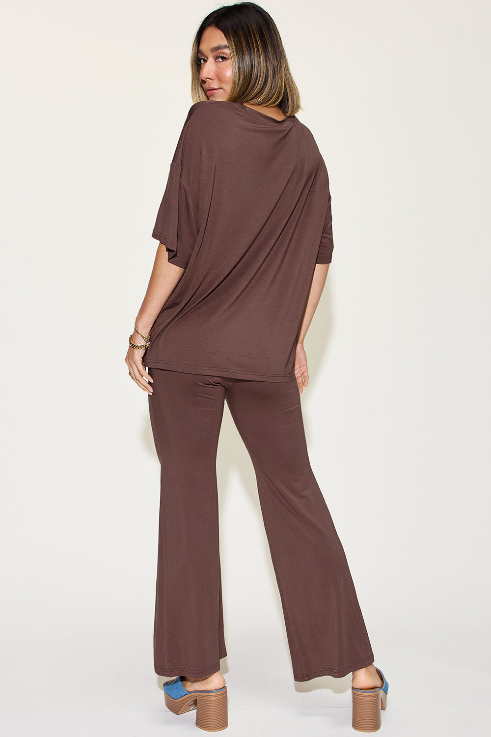 Womens Drop Shoulder T-Shirt and Flare Pants Set