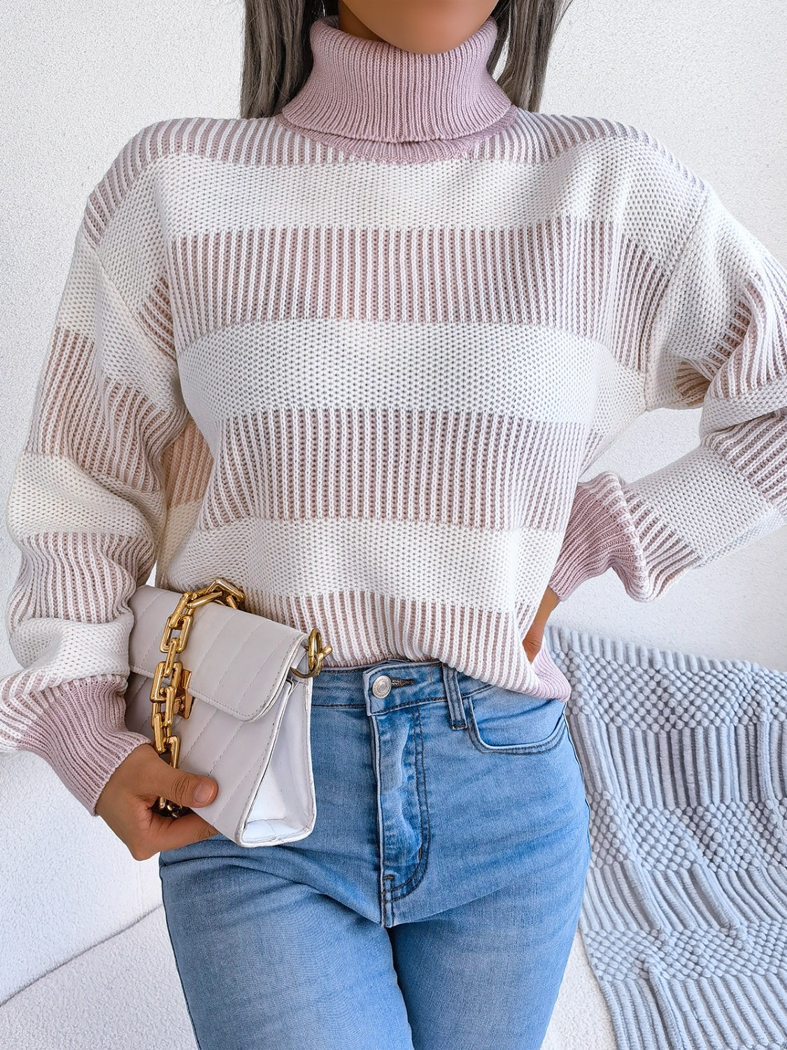 Womens Striped Turtleneck Long Sleeve Sweater