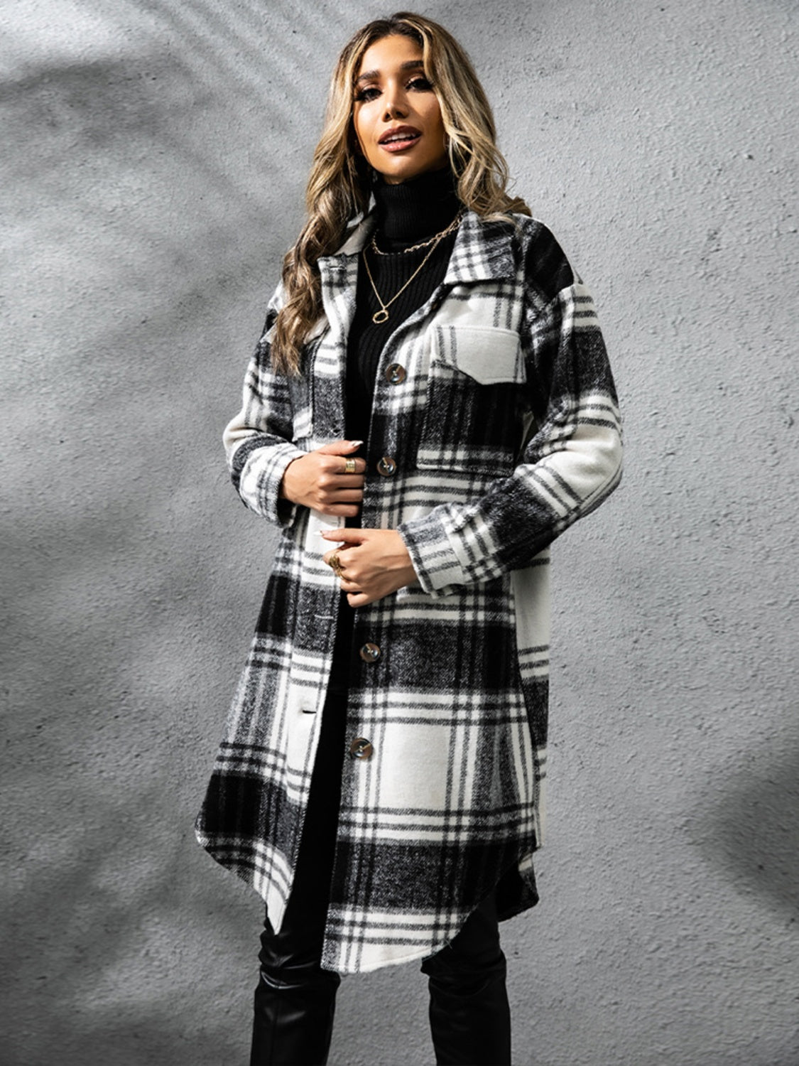 Womens Plaid Collared Long Coat