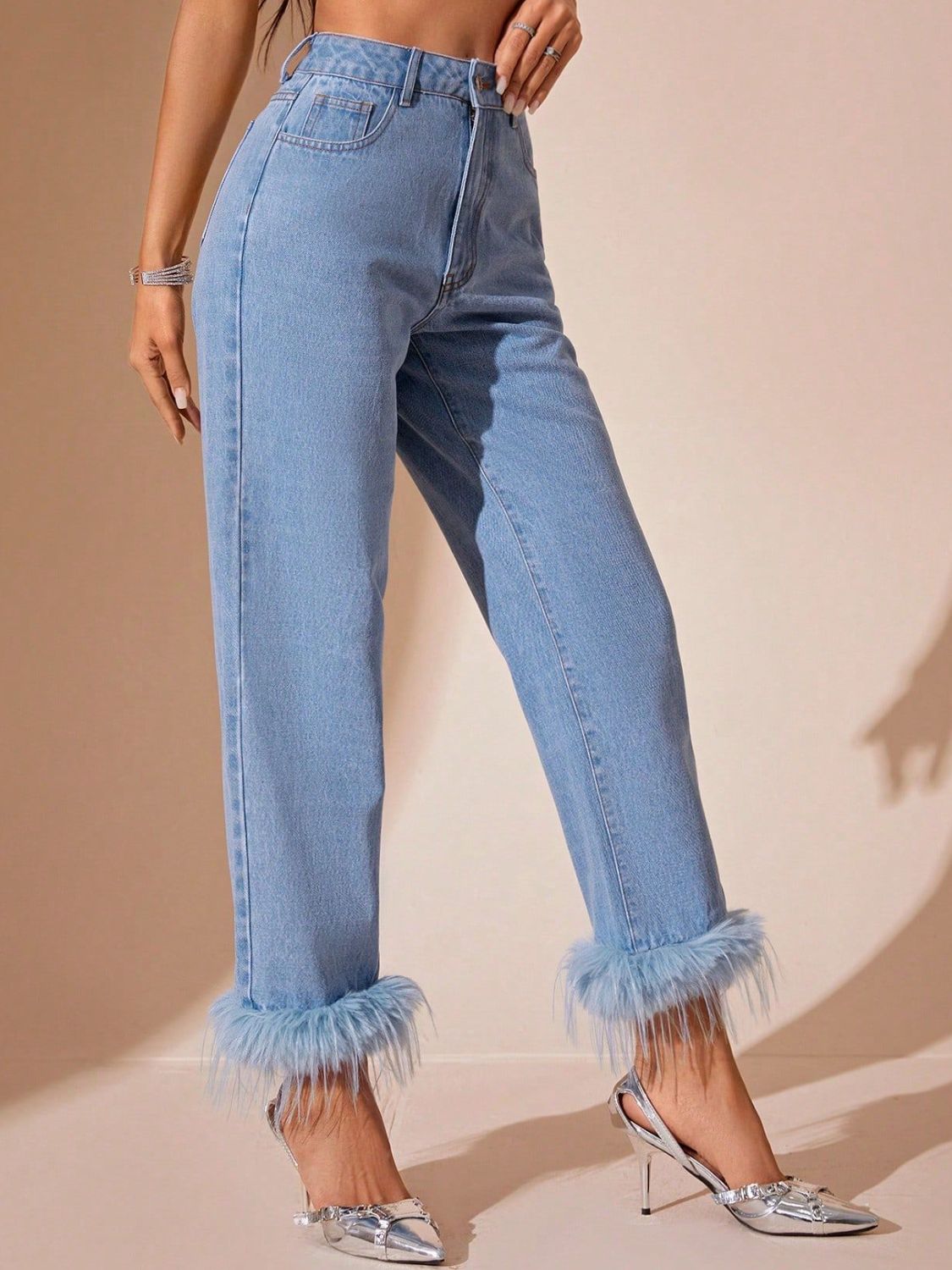 Womens Plush Hem High Rise Straight Jeans