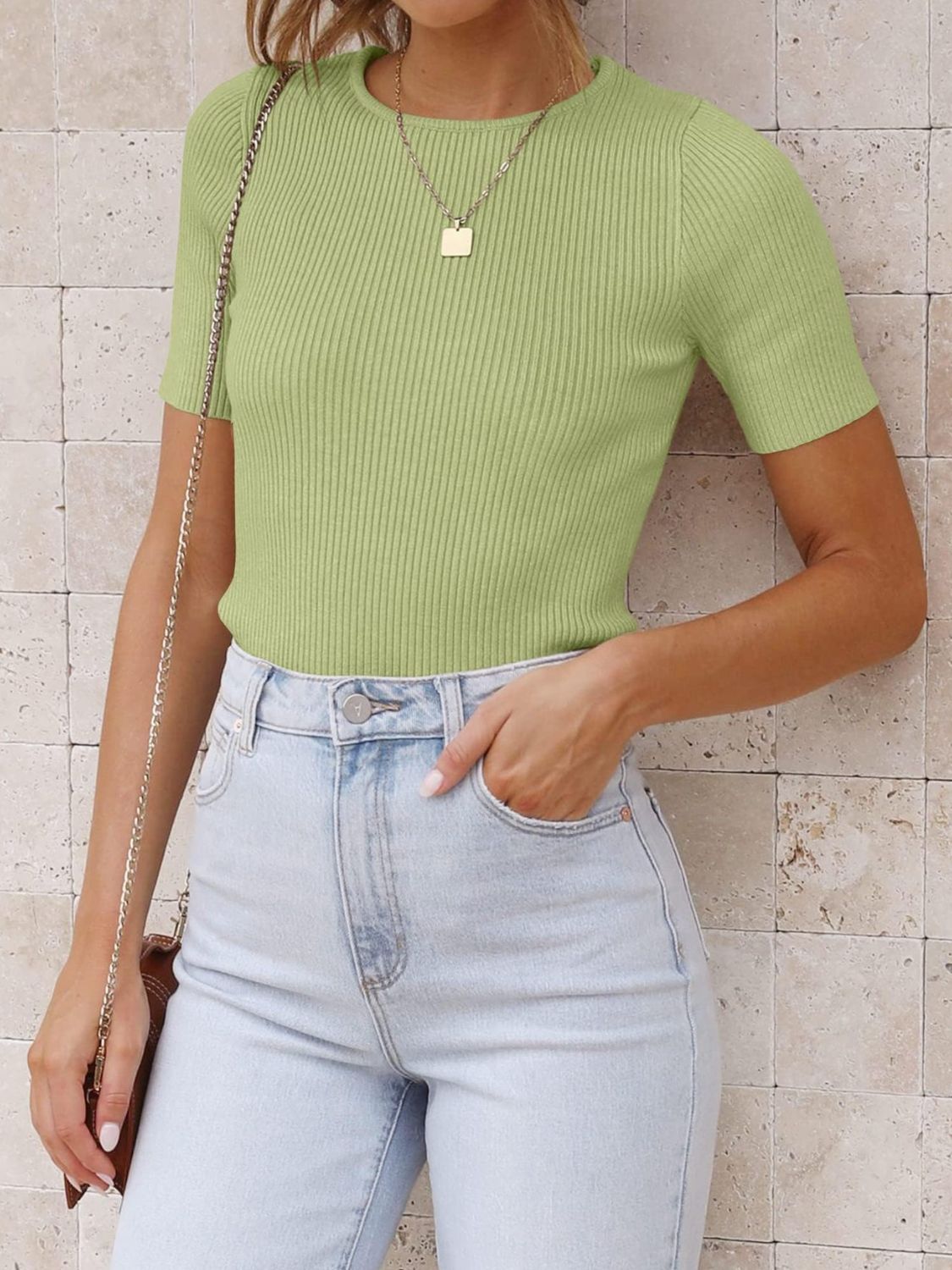 Womens Ribbed Short Sleeve Knit Top