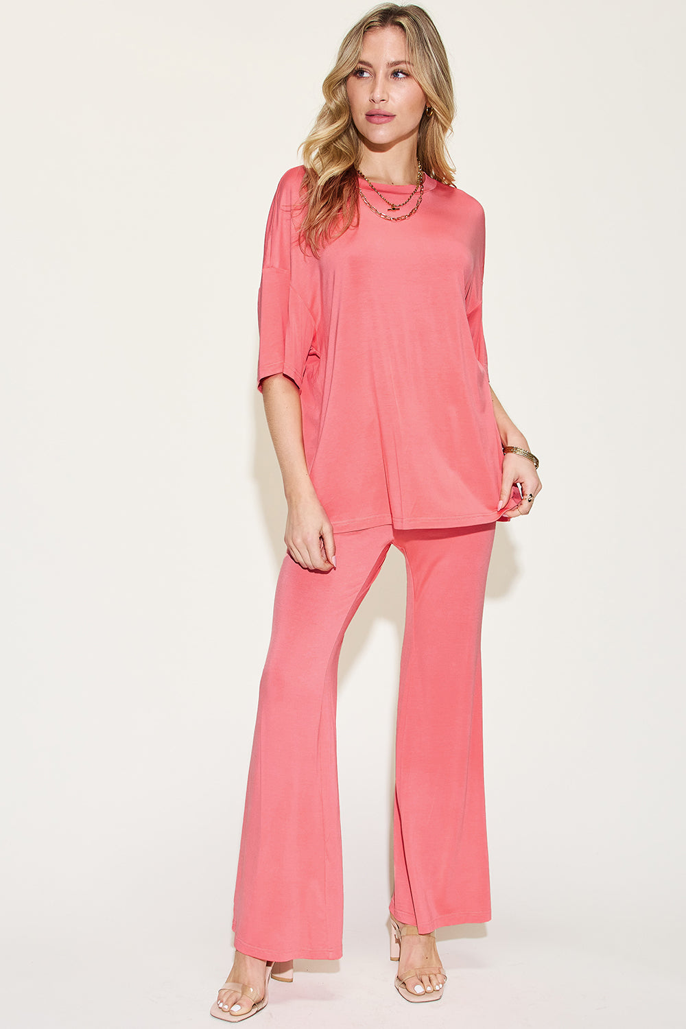 Womens Drop Shoulder T-Shirt and Flare Pants Set