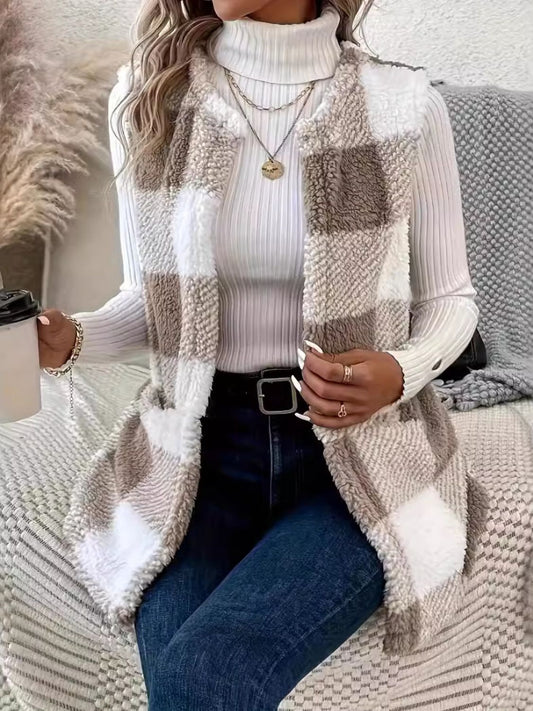 Womens Mocha Plaid Vest Coat