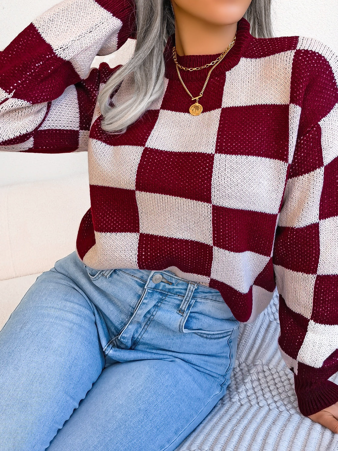 Womens Checkered Mock Neck Long Sleeve Sweater