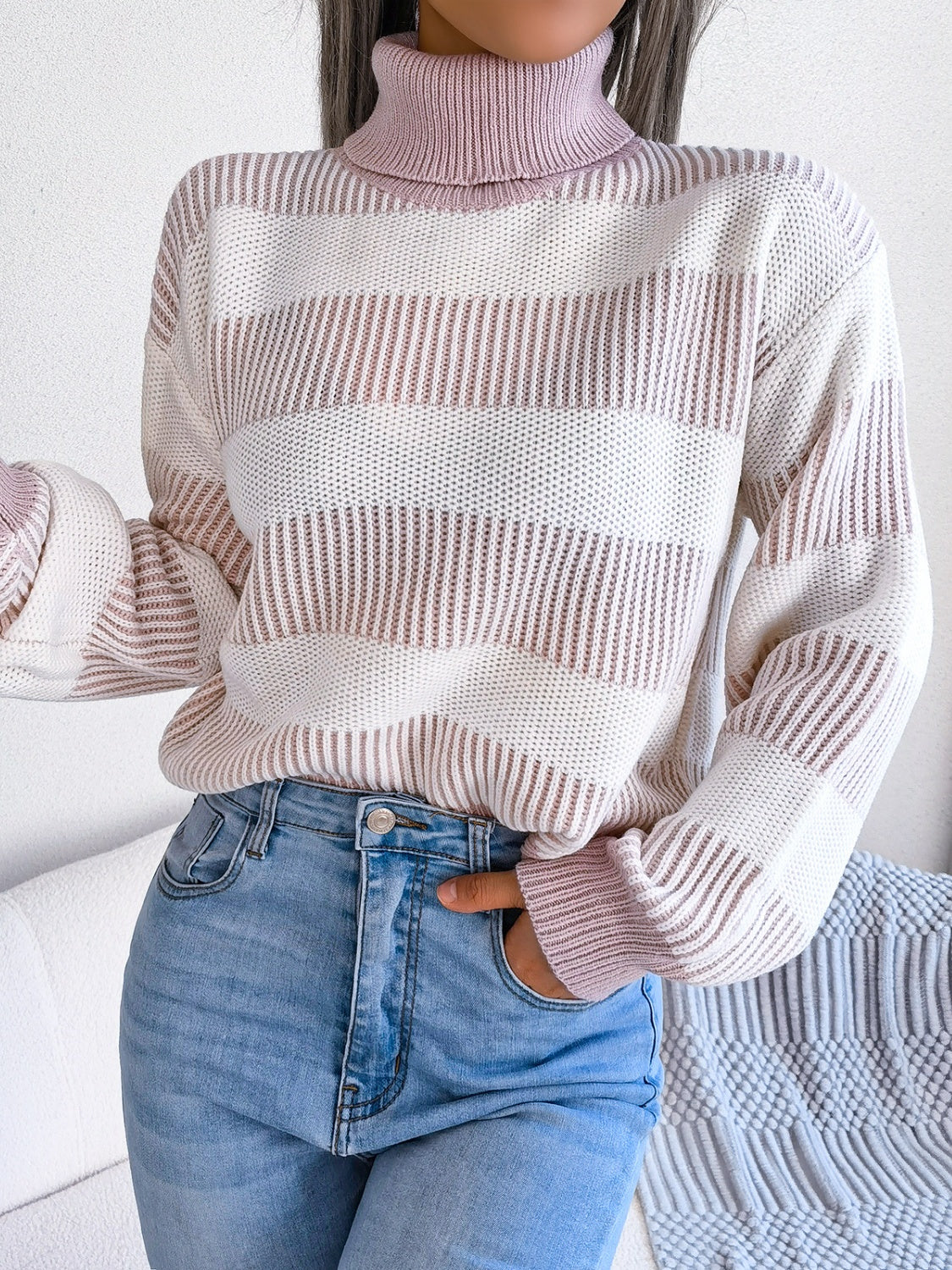 Womens Striped Turtleneck Long Sleeve Sweater