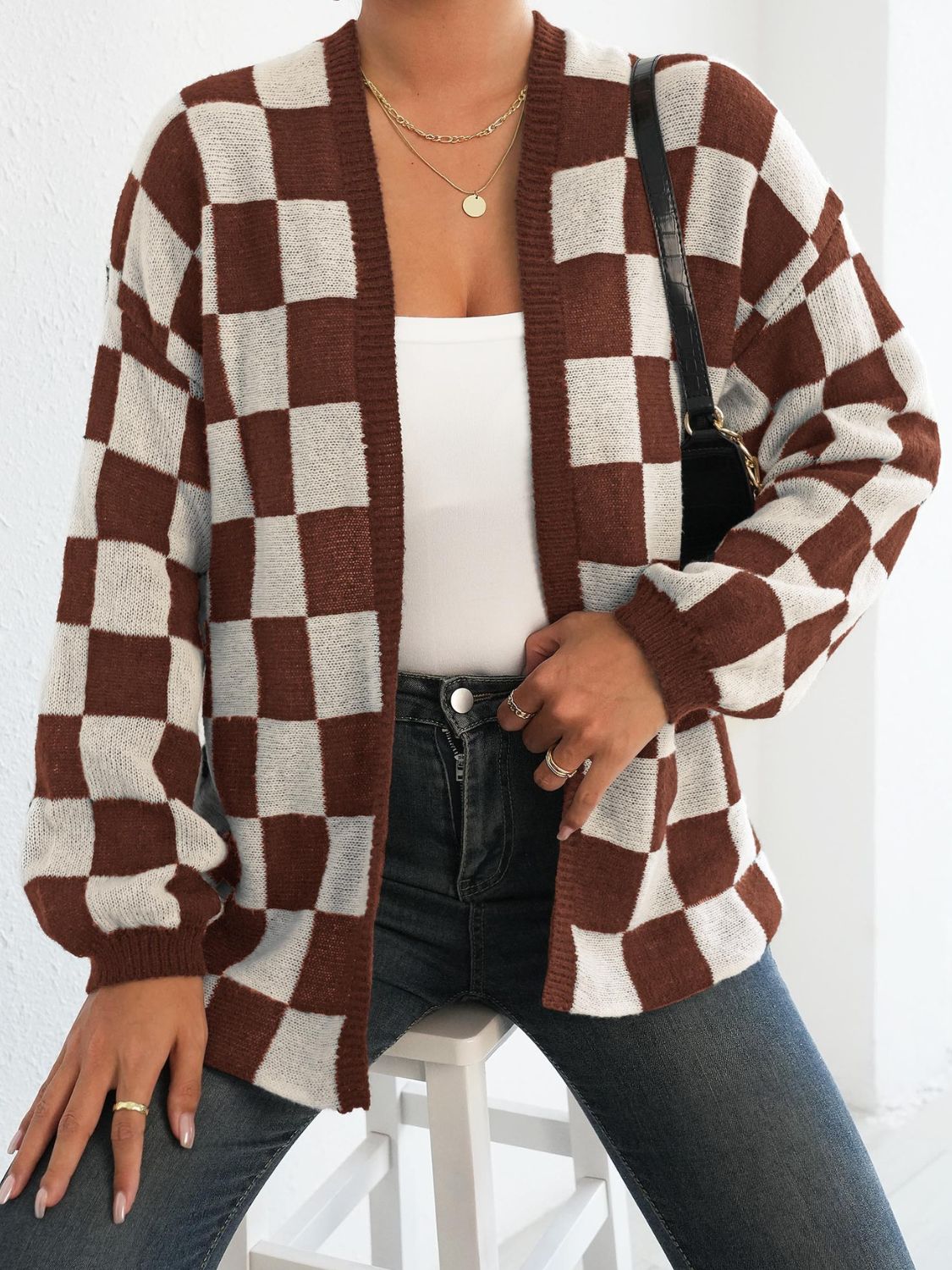 Womens Checkered Long Sleeve Cardigan