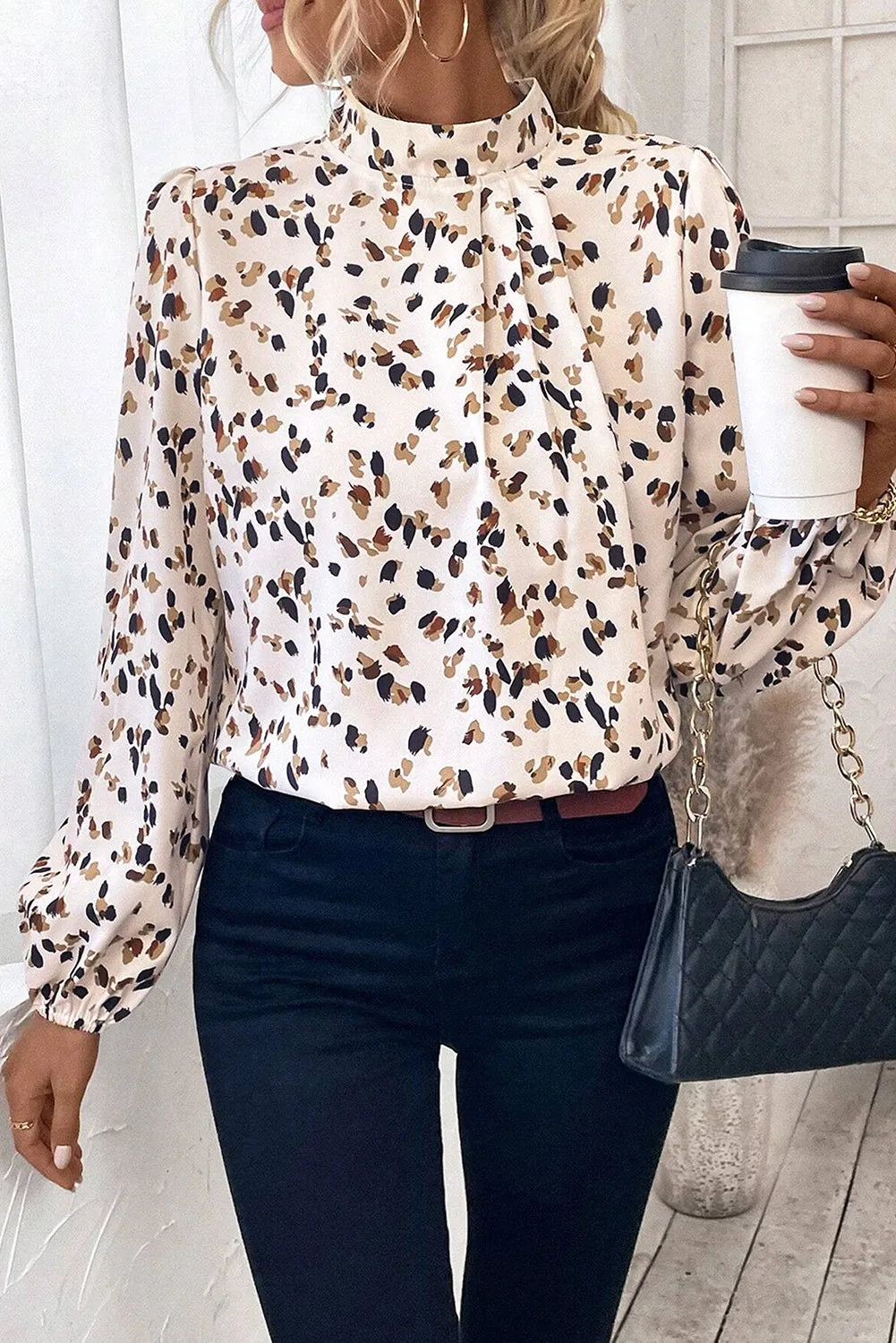 Womens Printed Mock Neck Long Sleeve Blouse