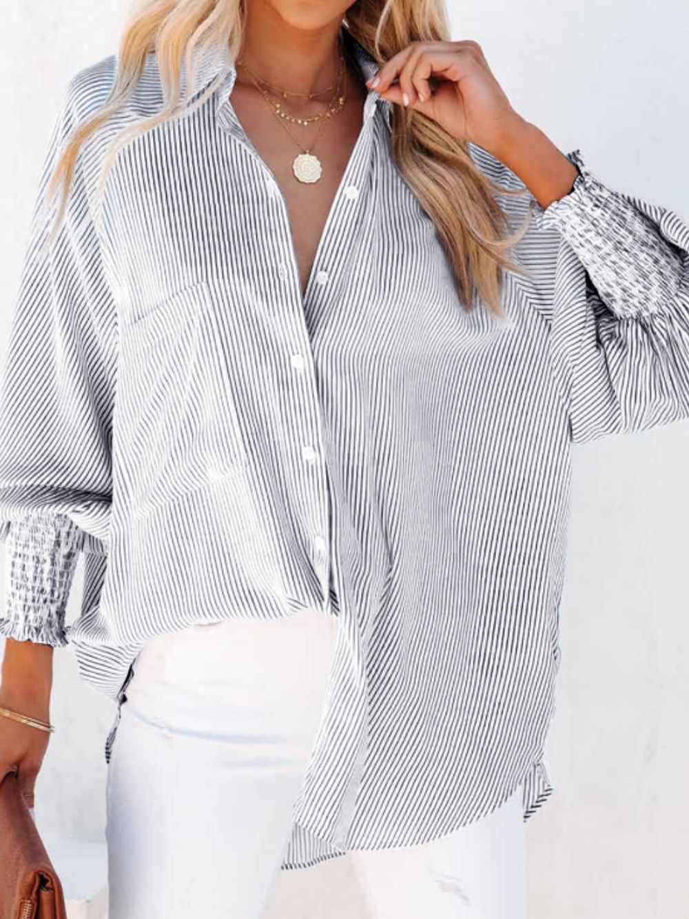 Womens Striped Collared Lantern Sleeve Shirt