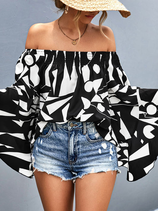 Womens Printed Off-Shoulder Bell Sleeve Blouse