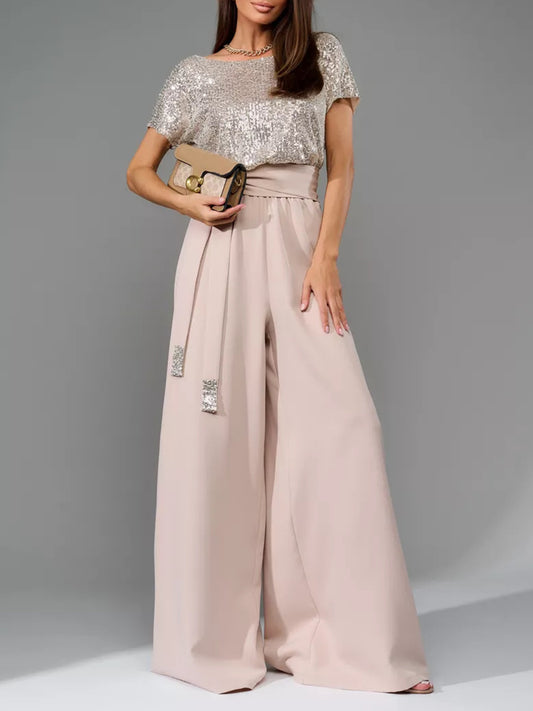 Womens Sequin Wide Leg Jumpsuit