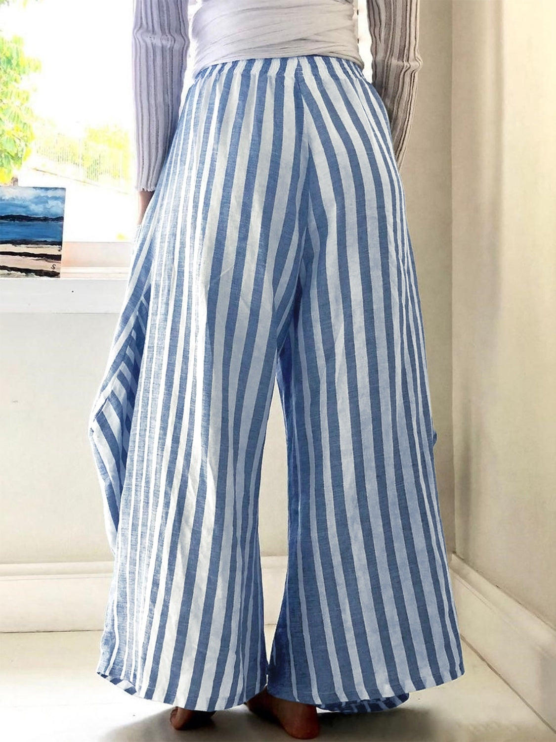 Womens Striped Elastic Waist Wide Leg Pants