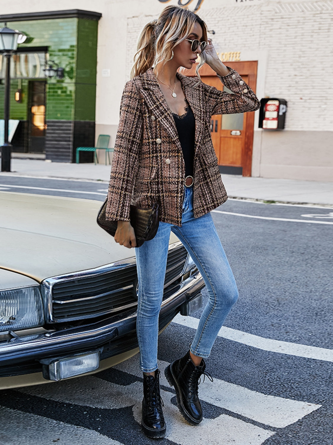 Womens Plaid Lapel Collar Blazer