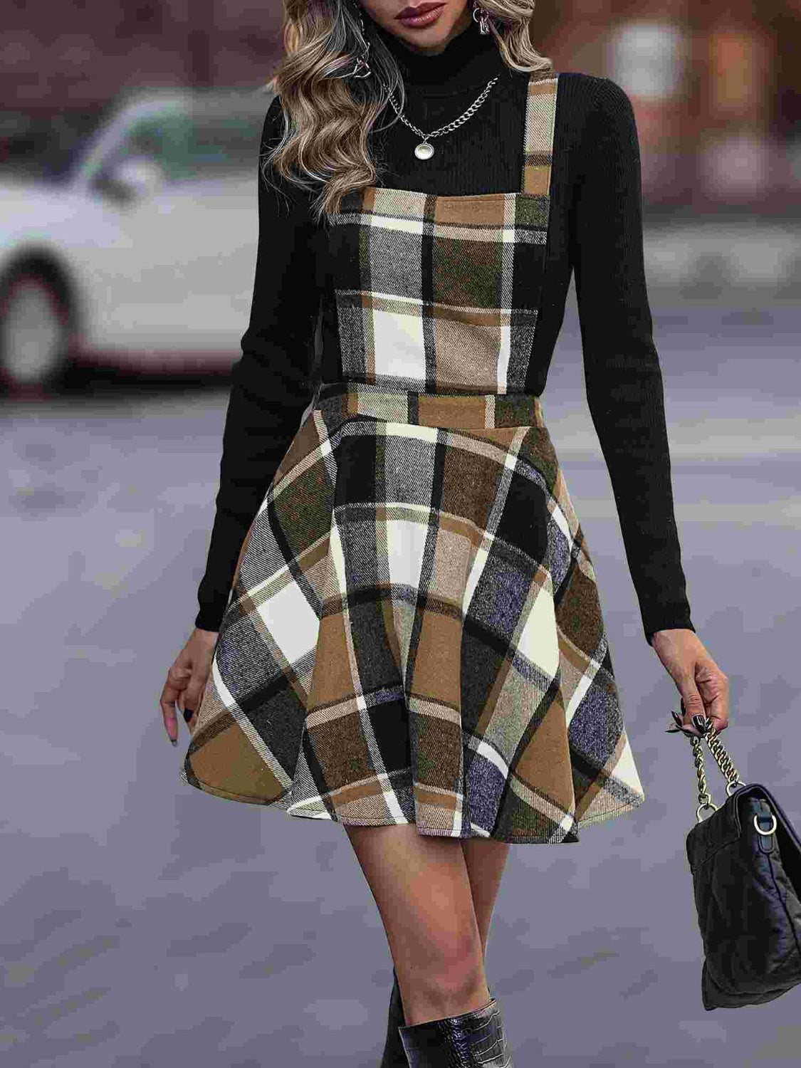 Womens Crisscross Plaid Overall Dress