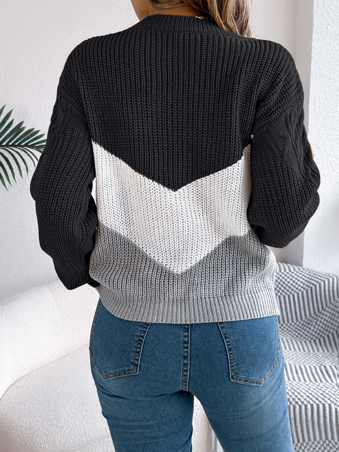 Womens Cable-Knit Color Block Sweater