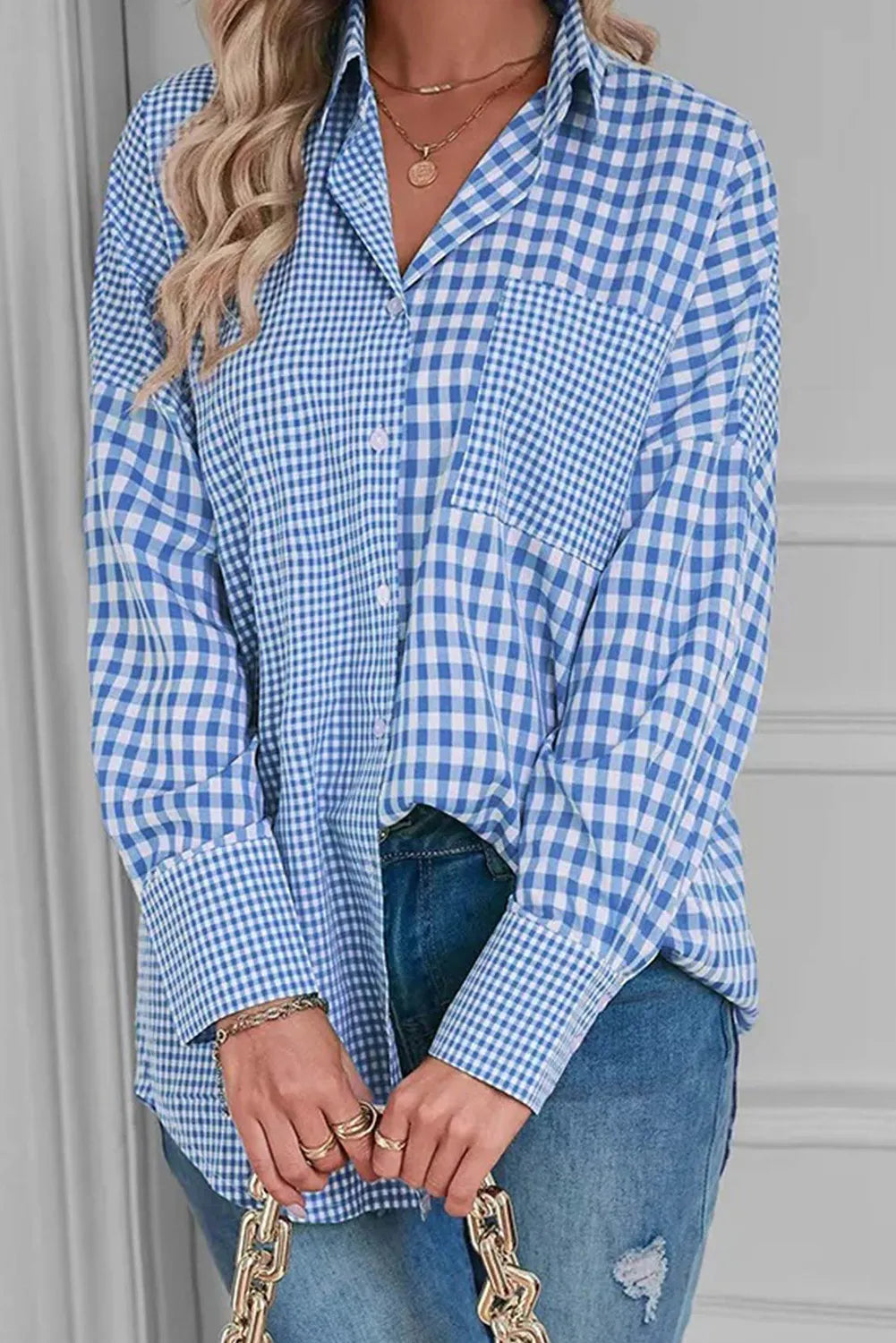 Womens Sky Blue Pocketed Plaid Collared Neck Long Sleeve Shirt