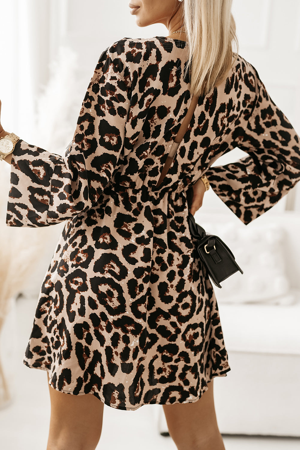 Womens Leopard Flare Sleeve Dress