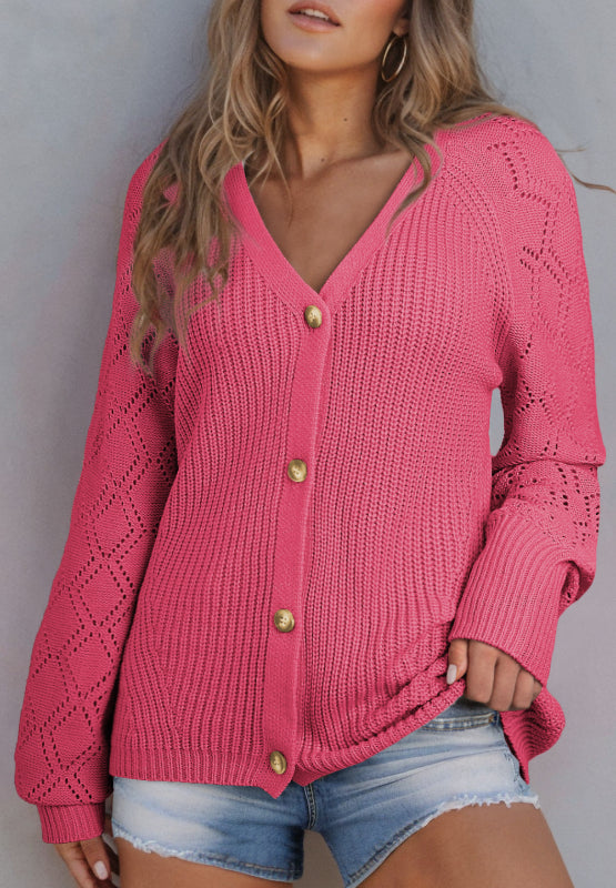 Womens Openwork V-Neck Button Up Cardigan