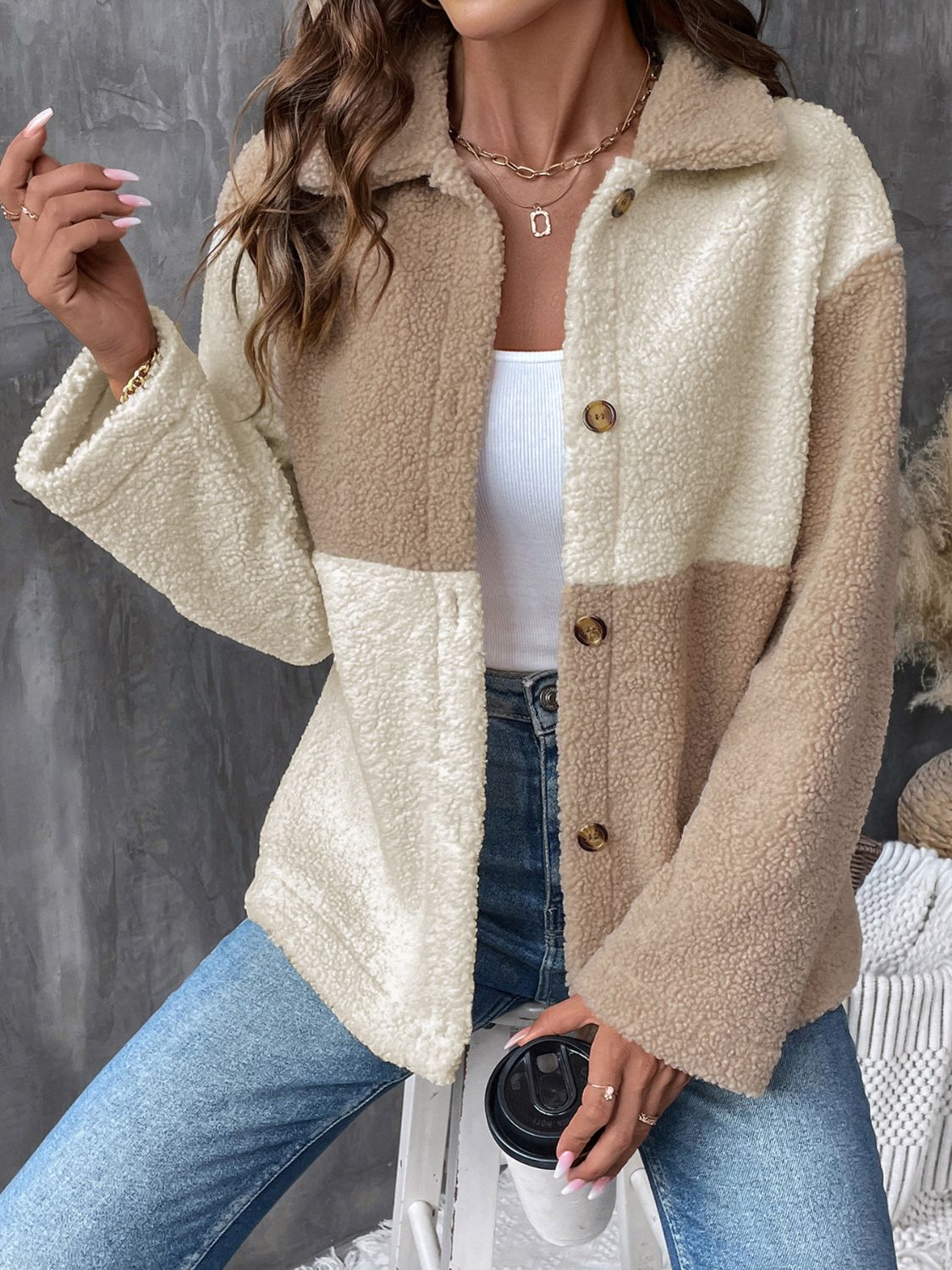 Tan Color Block Long Sleeve Jacket