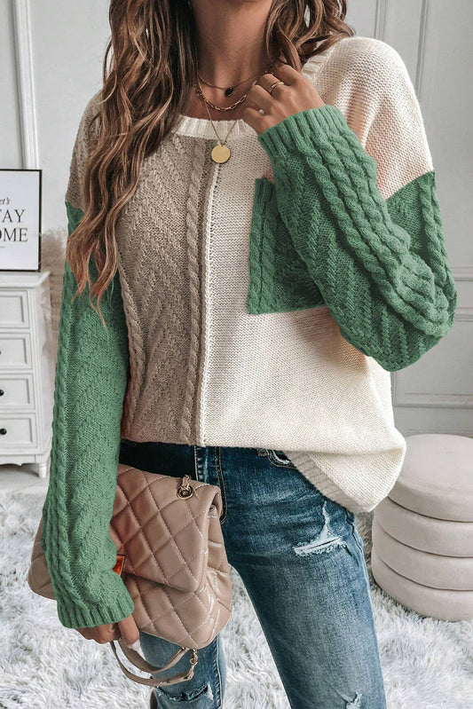 Womens Color Block Round Neck Long Sleeve Sweater