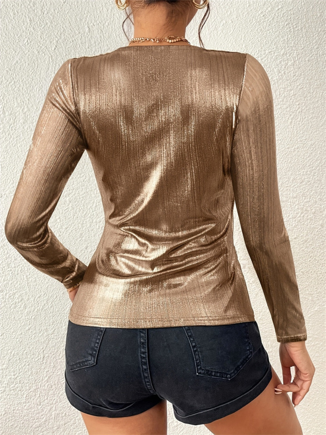 Womens Gold Surplice Long Sleeve Blouse