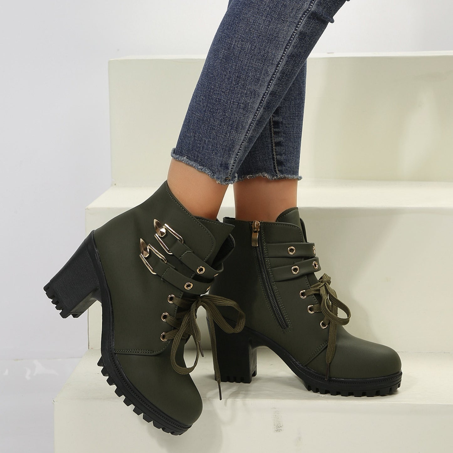 Womens Leather Block Heel Boots