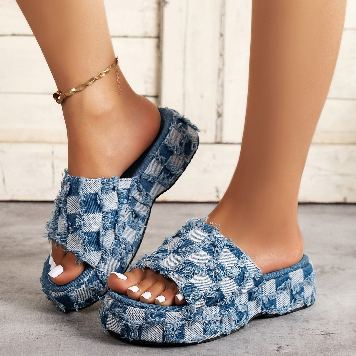 Womens Denim Plaid Pattern Leather Platform Sandals