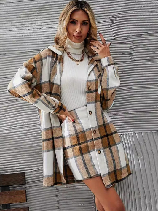 Womens Carmel Plaid Coat and Skirt Set