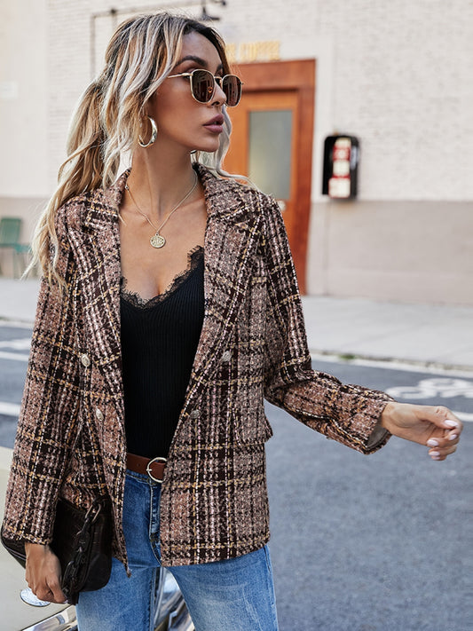 Womens Plaid Lapel Collar Blazer