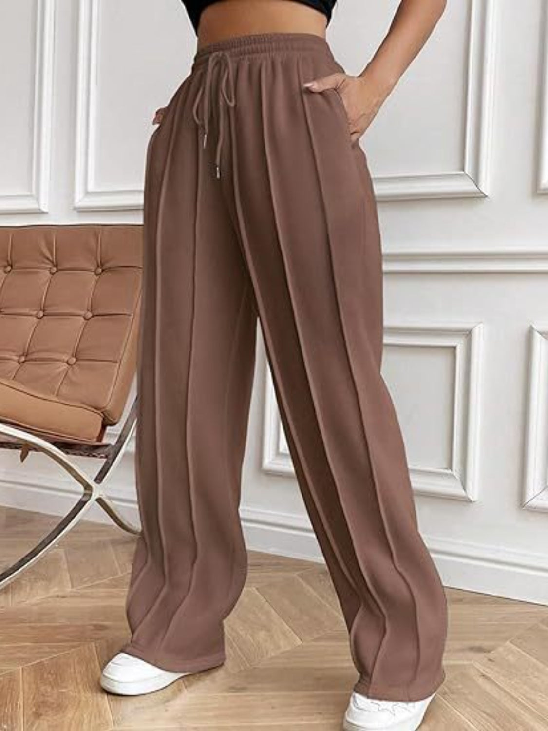 Womens Drawstring Wide Leg Pants with Pockets