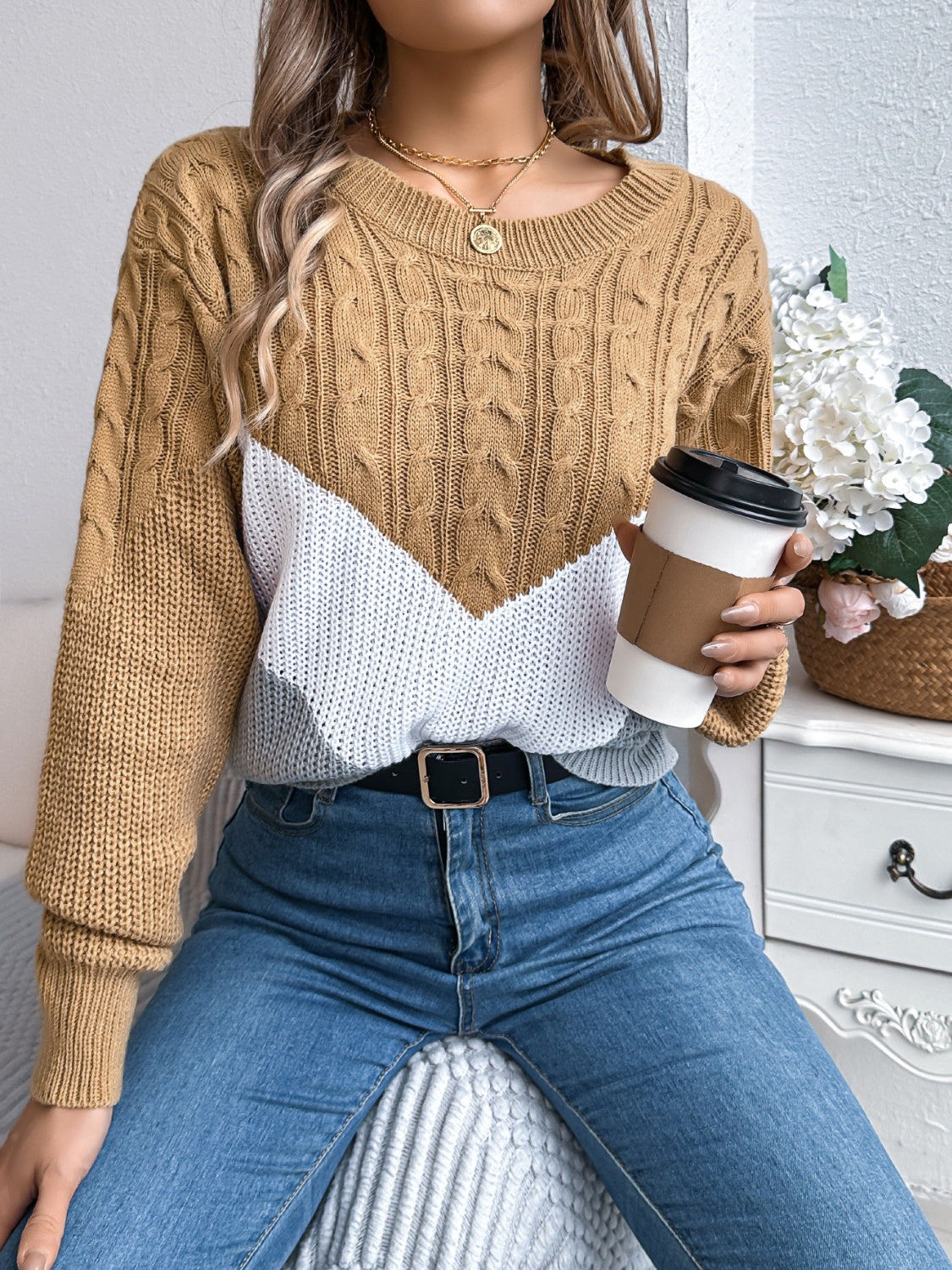 Womens Cable-Knit Color Block Sweater