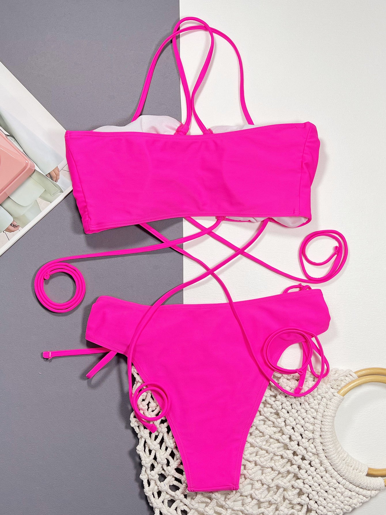 Hot Pink Halter Neck Drawstring Detail Bikini Set