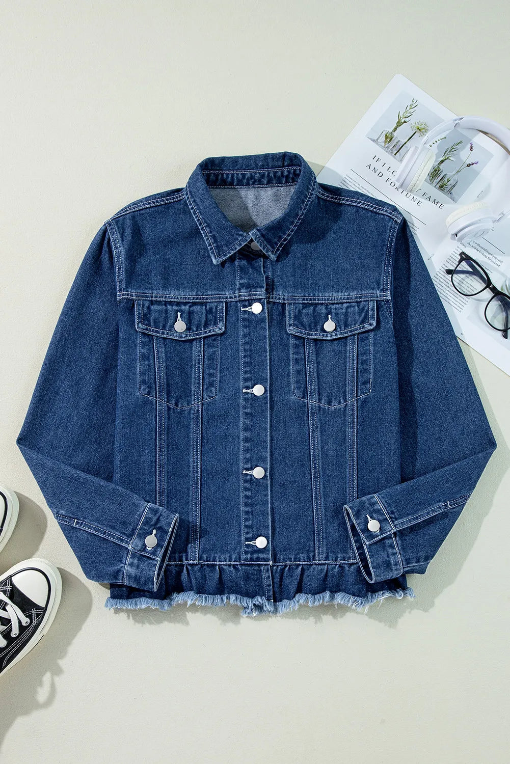 Womens Ruffled Long Sleeve Denim Jacket