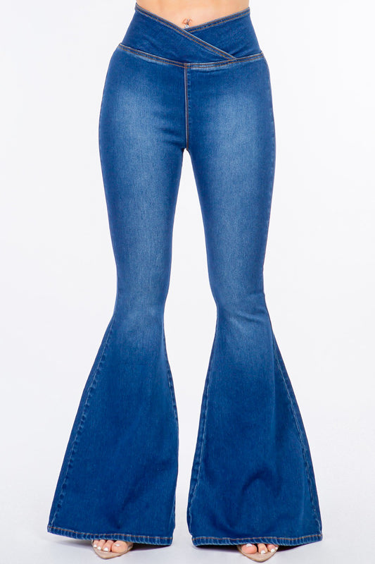 Womens High Waist Pull On Flare Jeans