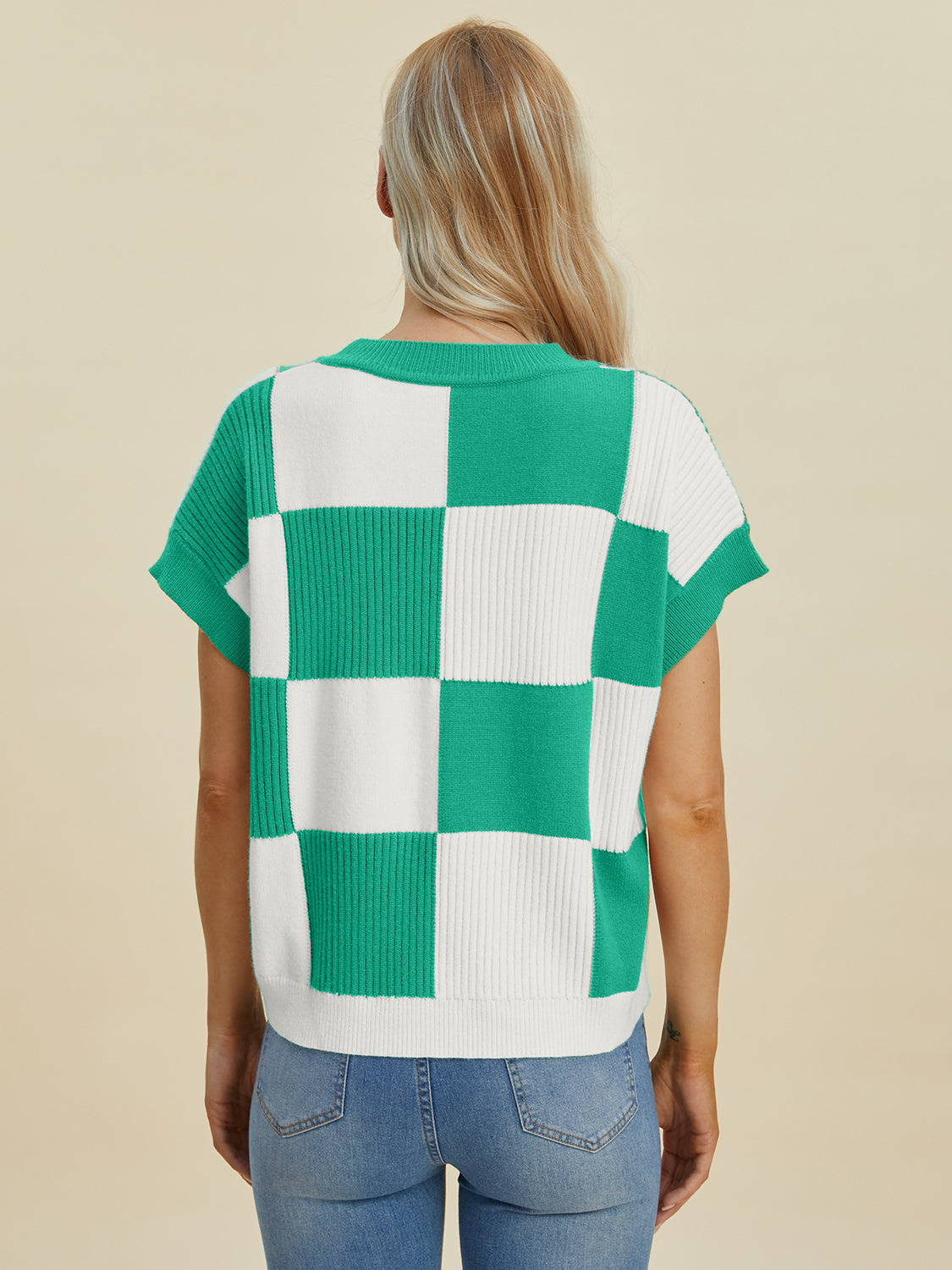 Womens Double Take Checkered Short Sleeve Sweater