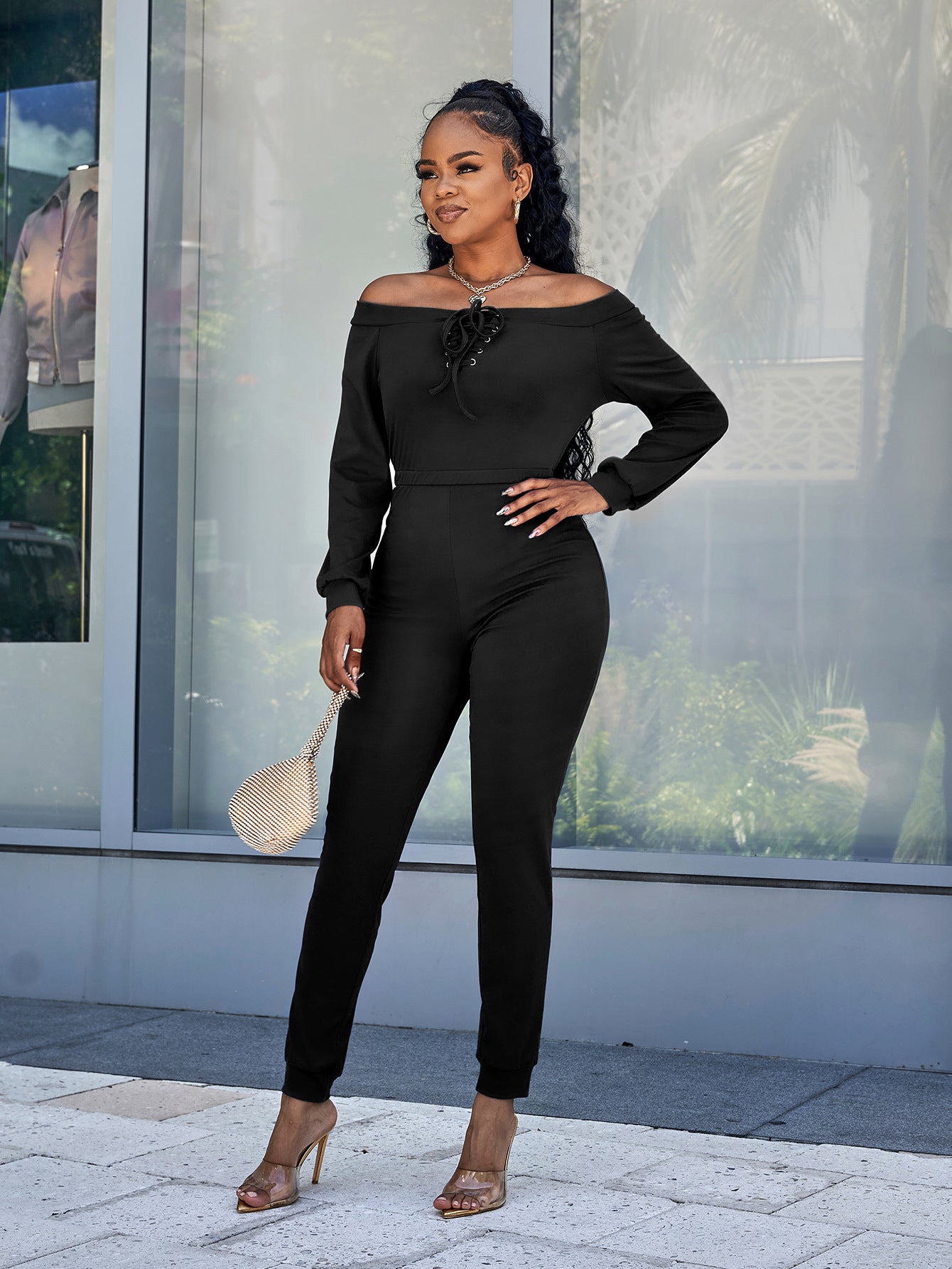 Luxe Lace-Up Off-Shoulder Long Sleeve Jumpsuit