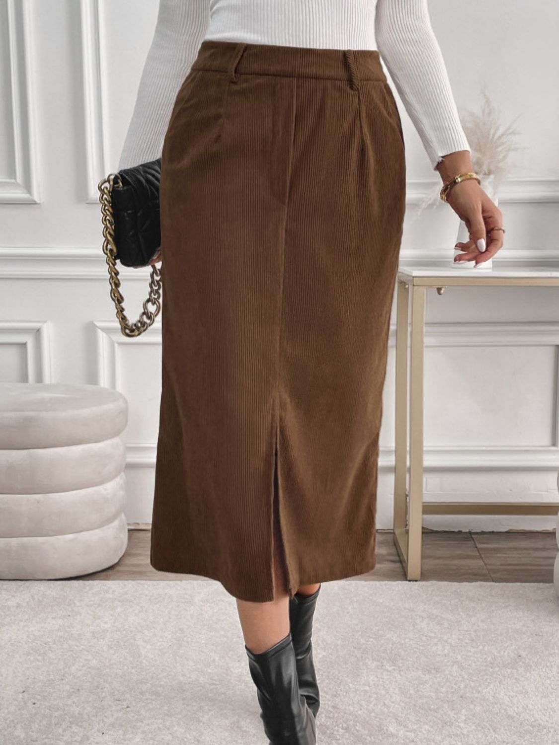 Womens Slit Midi Skirt with Pockets