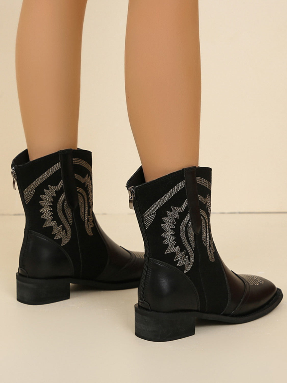 Embroidered Leather Block Heel Boots